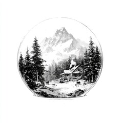 Monochrome snow globe depiction of a rustic cabin nestled in a snowy mountainous forest