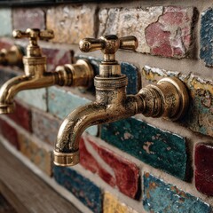 Two antique brass faucets mounted on a vibrantly colored brick wall, showcasing their aged patina and intricate detailing