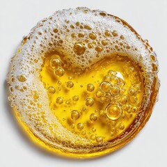 Amber liquid with frothy white bubbles forming a circular puddle on a light grey background