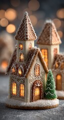 Illuminated gingerbread houses dusted with snow, nestled beside a miniature evergreen tree, against a bokeh background