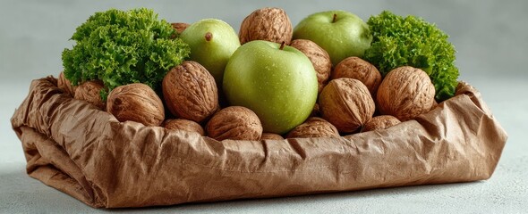 A paper bag holds green apples, walnuts, and leafy greens; a healthy, rustic still life