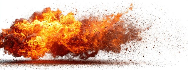 Fiery explosion with orange and brown flames, debris, and smoke against a white background