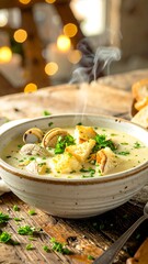 Creamy seafood chowder in bowl
