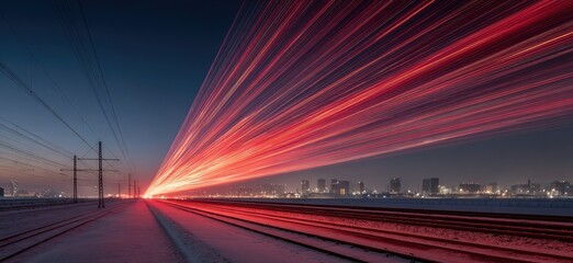 Nighttime long-exposure shot of a high-speed train leaving red light trails across snowy tracks toward a distant city skyline under a dark blue sky