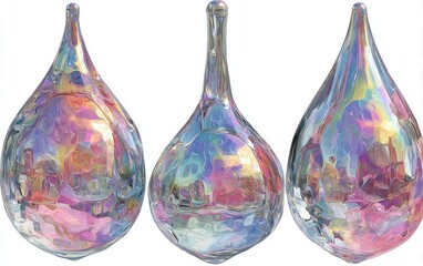 Three iridescent teardrop-shaped glass sculptures, each exhibiting unique internal reflections and subtle variations in color and form