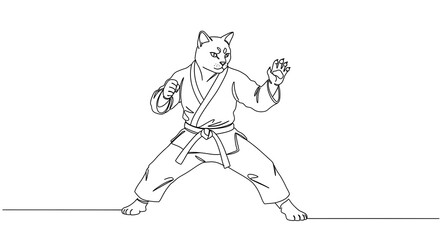 Fototapeta premium Cartoon Cat in Karate Gi Performing Martial Arts Pose on White Background