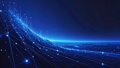 Abstract blue futuristic technology background with glowing light trails.