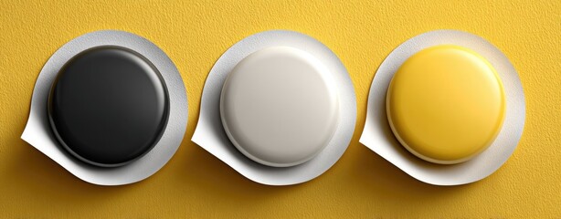 Three round, colored discs nestled in individual, off-white, tear-away packaging, arranged horizontally against a mustard yellow background