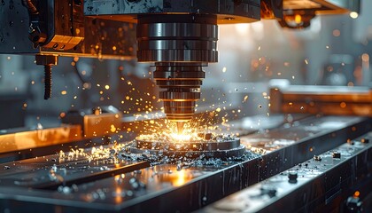 A close-up view of a metalworking machine in action, showcasing sparks and debris flying from a precise machining process.
