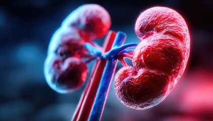 Close-up, stylized 3D rendering of a pair of human kidneys, vividly colored red and blue, connected by blood vessels against a dark background