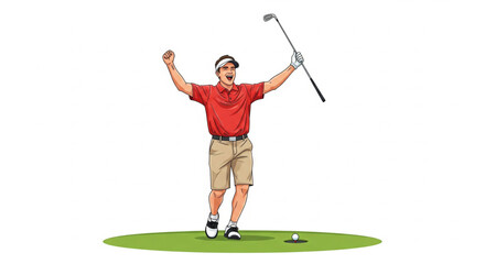 A golfer in red shirt and khaki shorts celebrates a successful shot with arms raised and golf club in hand.