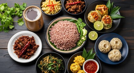 Traditional Asian Meal with Rice Dumplings Vegetables and Sauces on Black and White Plates