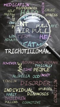 Trichotillomania being studied, examined - under close inspection. Most important subjects and ideas closely related to trichotillomania. Can be looped