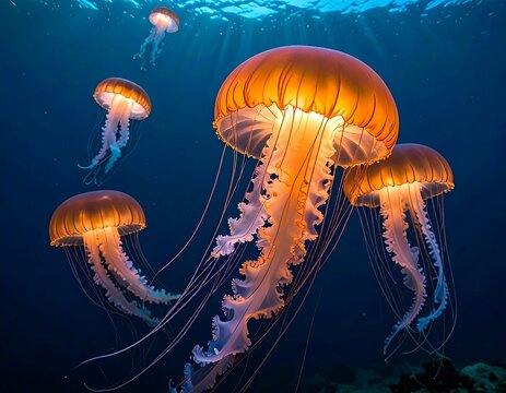 Golden jellyfish in deep ocean