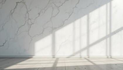 Obraz premium Marble Wall with Wooden Floor and Window Shadows – Modern Minimal Interior Background