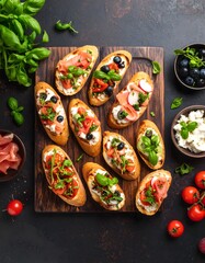 Overhead View of Delicious Bruschetta with Various Toppings and Fresh Ingredients