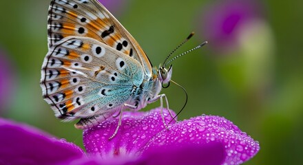 Naklejka premium Close-up of a vibrant butterfly perched on a dew-covered flower, showcasing nature's beauty