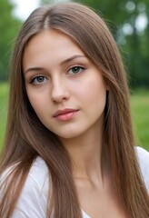 Fototapeta premium Woman with long brown hair and a white shirt
