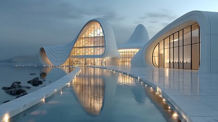 Unique modern museum reflecting in calm water high resolution picture