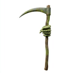 Obraz premium Green Hand Holding a Rustic Scythe in a Mystical Forest Setting