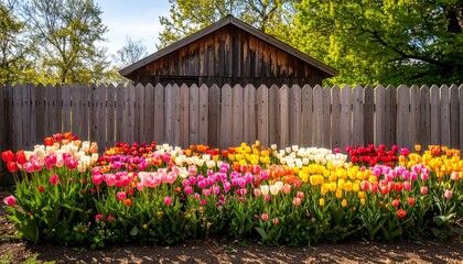 Obraz premium Spring flowers by a rustic wooden fence
