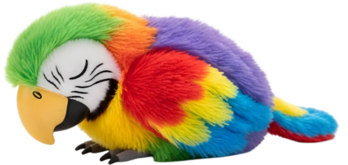 Colorful plush parrot resting on a surface with vibrant feathers and a playful expression