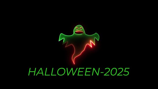 A Red And Green Color Neon Ghost Icon Animation With Halloween 2025 4K UHD.