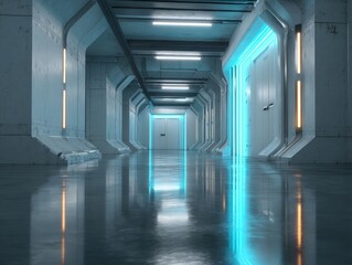 Gleaming Futuristic Corridor with Cyan Neon Glow and Symmetrical Reflections.