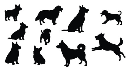 Collection of various dog silhouettes in different postures and breeds