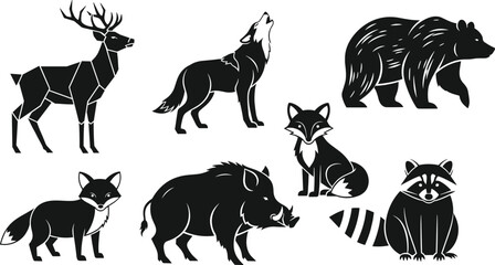Silhouettes of wild forest animals including deer, wolf, bear, fox, boar, and raccoon in black vector illustration set