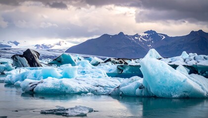 Icebergs of vibrant blue hues rest in a tranquil glacial lake, framed by majestic mountains under a cloudy sky.