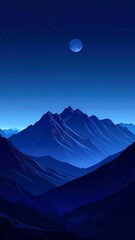 A serene mountain landscape bathed in the cool, midnight blue hues of a starry night, featuring a luminous moon.