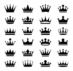 Collection of Black Silhouette Crown Icons on White Background