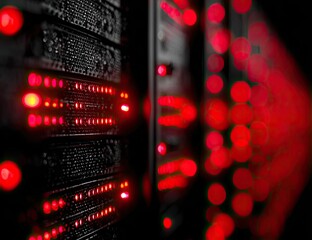 Dark server rack with red LED lights, shallow depth of field, bokeh effect in background