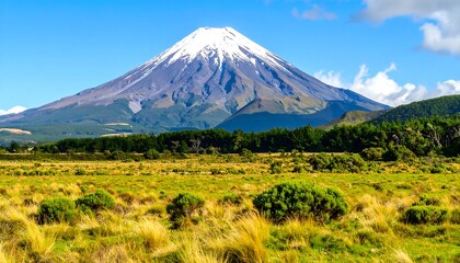 Fototapeta premium Snowy mountain overlooking grassy plain