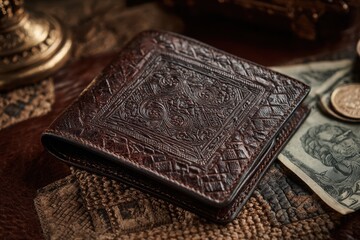 Handcrafted embossed dark brown leather wallet with intricate Celtic-style patterns and cash.