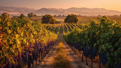 Fototapeta premium Vineyard rows at dawn, golden light on ripe grapes, rolling hills in background