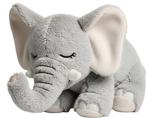 Soft and cuddly gray elephant plush toy resting peacefully on a white background, ideal for children's decor