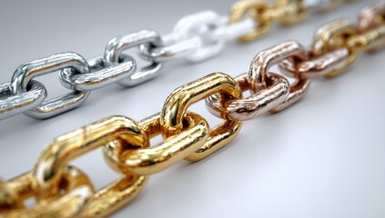 Obraz premium Three metallic chains in gold, silver, and rose gold, gleaming against a light gray background, showcasing their interconnected links and reflective surfaces