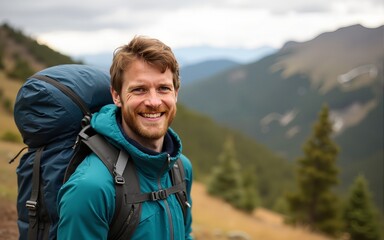 Naklejka premium Hiker feeling happy during a hike. High quality
