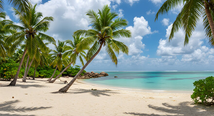 Idyllic Tropical Beach with White Sand Turquoise Sea and Palm Trees Under a Blue Sky