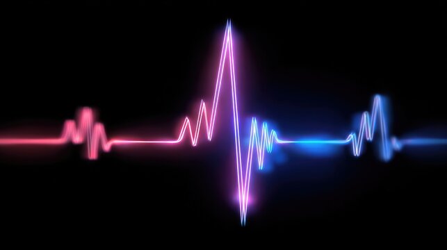 Vibrant electrocardiogram waveform and heart pulse on black