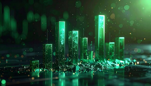 Abstract rendering of digital cityscape, emerald towers emerging from a technological terrain, with bokeh effects