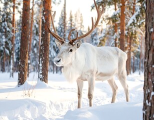 Obraz premium Majestic white reindeer in a snowy forest