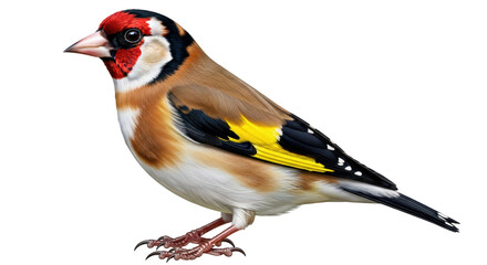 Isolated Goldfinch Carduelis bird standing, detailed, close-up side view, colorful plumage, natural light