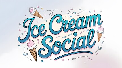 Playful Ice Cream Social Graphic with Teal Lettering and Sprinkled Cones