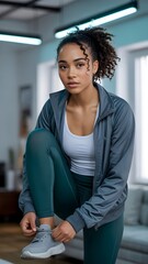 Fit Young Woman Tying Sneakers in Modern Living Room