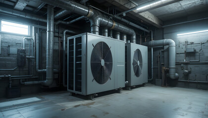 Naklejka premium Basement heat pump in residential utility room with exposed pipes and fan units, against stained basement walls, indoor HVAC system for home heating and cooling.
