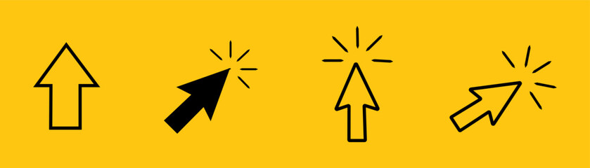Set of four black cursor and arrow icons with click effect on yellow background. Collection of web interface symbols for UI, pointer, internet navigation, button press, and web design elements.