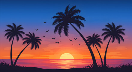 Pixel Art Sunset Over Ocean with Palm Trees Silhouettes